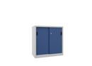 Verkstadsskåp med skjutdörrar Ellinor, höjd 1000 mm, dörrar helt i plåt, BxD 1000 x 400 mm, med 2 hyllplan, dörr gentianablå