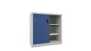 Verkstadsskåp med skjutdörrar Ellinor, höjd 1000 mm, dörrar helt i plåt, BxD 1000 x 400 mm, med 2 hyllplan, dörr gentianablå