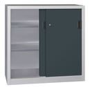 Verkstadsskåp med skjutdörrar Ellinor, höjd 1000 mm, dörrar helt i plåt, BxD 1000 x 400 mm, med 2 hyllplan, dörr antracit