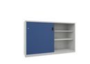 Verkstadsskåp med skjutdörrar för tung belastning Ellinor, höjd 1200 mm, dörrar helt i plåt, BxD 2000 x 500 mm, med skiljevägg och 2 x 2 hyllplan, dörr gentianablå