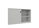 Verkstadsskåp med skjutdörrar för tung belastning Ellinor, höjd 1200 mm, dörrar helt i plåt, BxD 2000 x 600 mm, med skiljevägg och 2 x 2 hyllplan, dörr ljusgrå