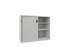 Verkstadsskåp med skjutdörrar för tung belastning Ellinor, höjd 1200 mm, dörrar helt i plåt, BxD 1500 x 600 mm, med skiljevägg och 2 x 2 hyllplan, dörr ljusgrå