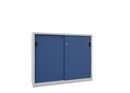 Verkstadsskåp med skjutdörrar för tung belastning Ellinor, höjd 1200 mm, dörrar helt i plåt, BxD 1500 x 600 mm, med skiljevägg och 2 x 2 hyllplan, dörr gentianablå