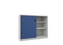Verkstadsskåp med skjutdörrar för tung belastning Ellinor, höjd 1200 mm, dörrar helt i plåt, BxD 1500 x 600 mm, med skiljevägg och 2 x 2 hyllplan, dörr gentianablå