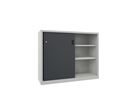Verkstadsskåp med skjutdörrar för tung belastning Ellinor, höjd 1200 mm, dörrar helt i plåt, BxD 1500 x 600 mm, med skiljevägg och 2 x 2 hyllplan, dörr antracit