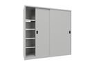 Verkstadsskåp med skjutdörrar för tung belastning Ellinor, höjd 1950 mm, dörrar helt i plåt, BxD 2000 x 600 mm, med skiljevägg och 2 x 4 hyllplan, dörr ljusgrå