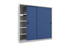 Verkstadsskåp med skjutdörrar för tung belastning Ellinor, höjd 1950 mm, dörrar helt i plåt, BxD 2000 x 600 mm, med skiljevägg och 2 x 4 hyllplan, dörr gentianablå