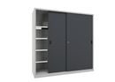 Verkstadsskåp med skjutdörrar för tung belastning Ellinor, höjd 1950 mm, dörrar helt i plåt, BxD 2000 x 600 mm, med skiljevägg och 2 x 4 hyllplan, dörr antracit