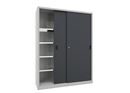 Verkstadsskåp med skjutdörrar för tung belastning Ellinor, höjd 1950 mm, dörrar helt i plåt, BxD 1500 x 500 mm, med skiljevägg och 2 x 4 hyllplan, dörr antracit