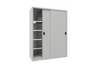 Verkstadsskåp med skjutdörrar för tung belastning Ellinor, höjd 1950 mm, dörrar helt i plåt, BxD 1500 x 600 mm, med skiljevägg och 2 x 4 hyllplan, dörr ljusgrå