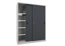 Verkstadsskåp med skjutdörrar för tung belastning Ellinor, höjd 1950 mm, dörrar helt i plåt, BxD 1500 x 600 mm, med skiljevägg och 2 x 4 hyllplan, dörr antracit