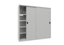 Verkstadsskåp med skjutdörrar för tung belastning Ellinor, höjd 1950 mm, dörrar helt i plåt, BxD 2000 x 500 mm, med skiljevägg och 2 x 4 hyllplan, dörr ljusgrå